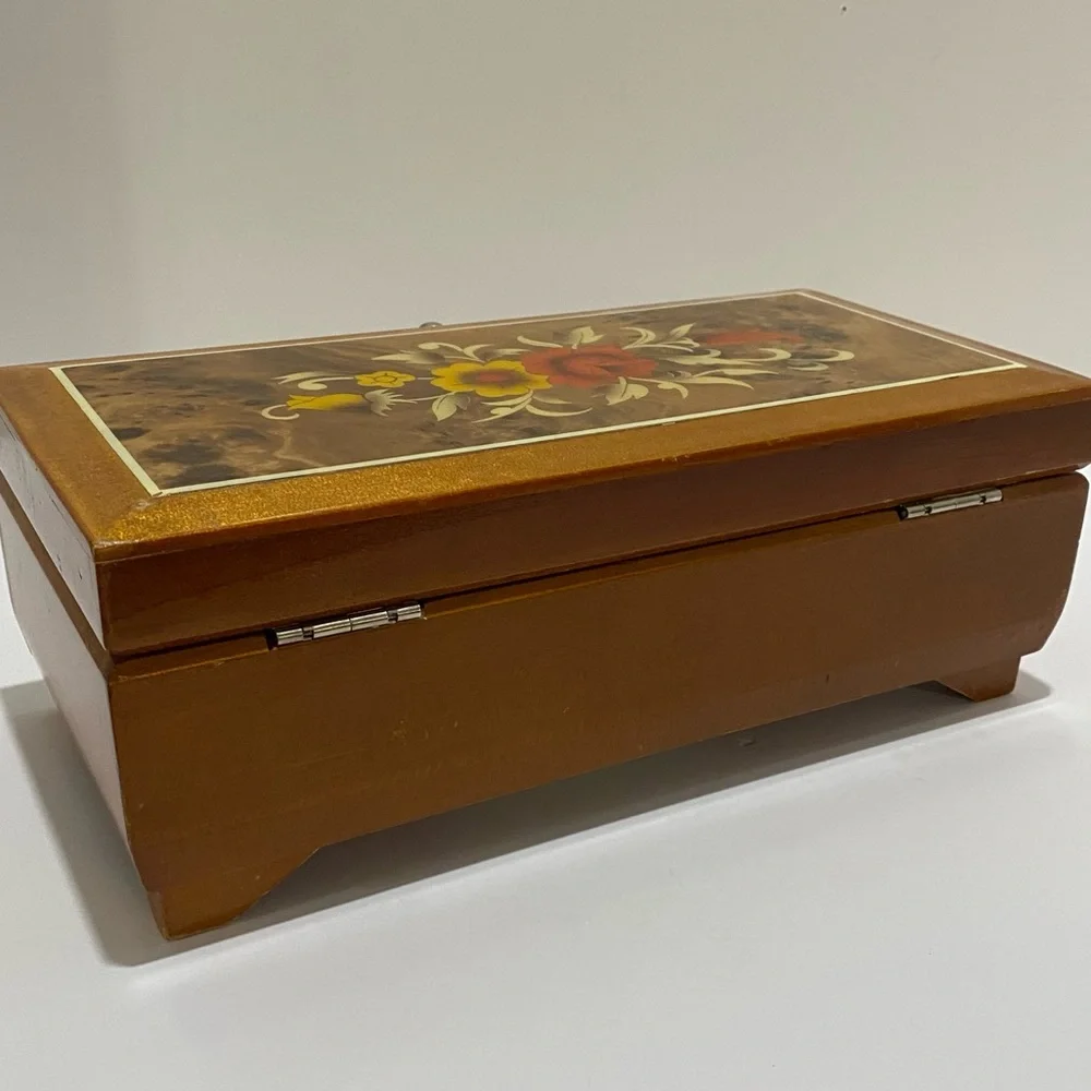 VTG Kimco Japan Wooden Jewelry Box Floral Inlay Red Velvet Lining Mirror READ